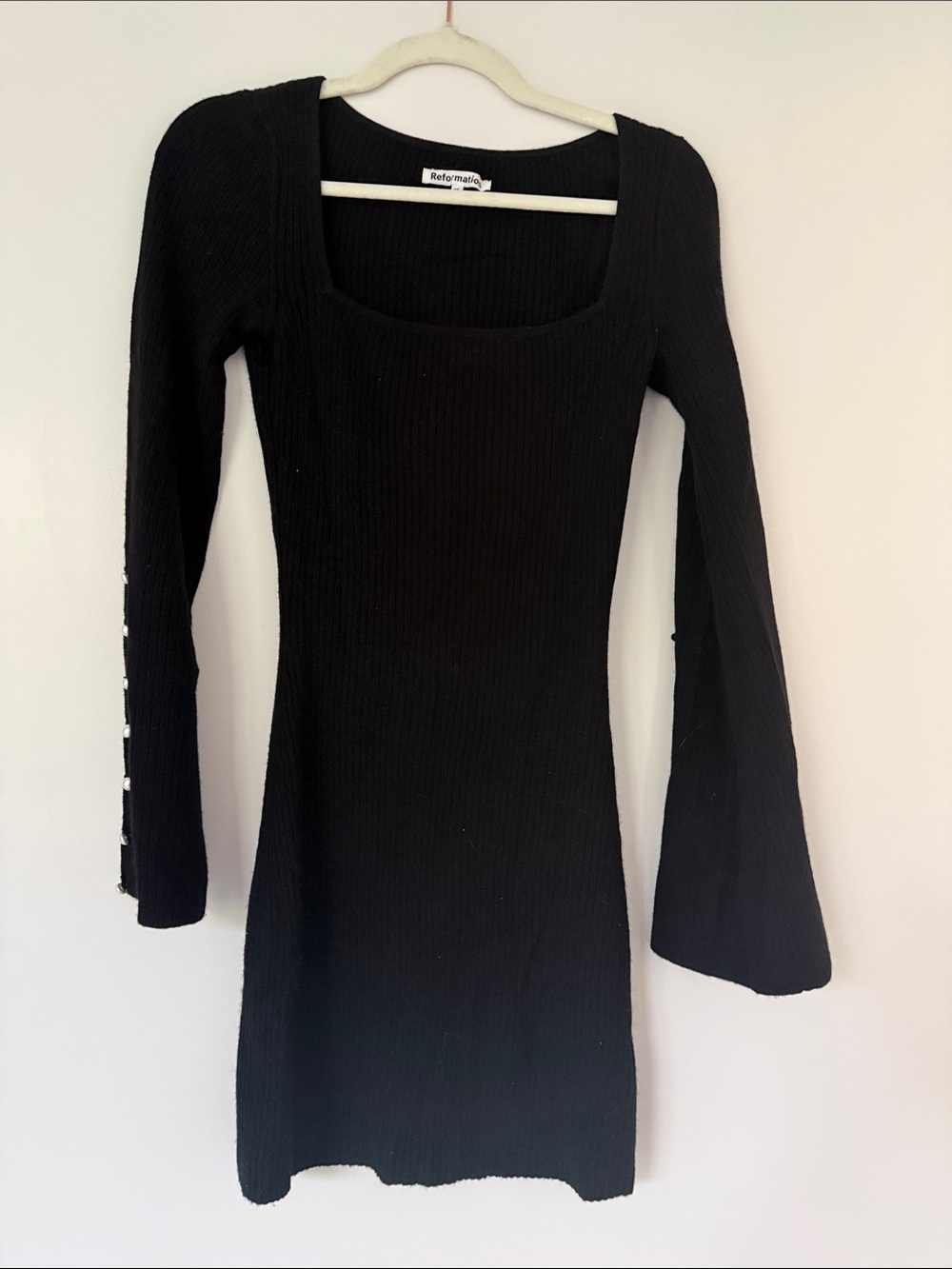 Reformation Black Ribbed Square-Neck Long-Sleeve Mini Dress cashmere